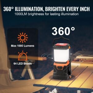 led camping lantern, all in one, 1000lm, 360° illumination, 4 lighting modes, battery powered light, outdoor robust flashlight, built to last light, ideal for hiking fishing outages repairs