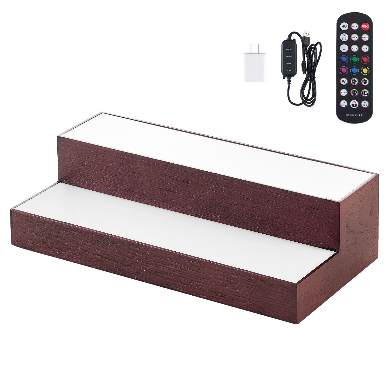 led lighted liquor bottle display, 2 tier 16 inch whiskey rack, supports usb, illuminated home bar shelf with rf remote & app control, 7 static colors, acrylic+ wood lighted shelf for 8 bottles