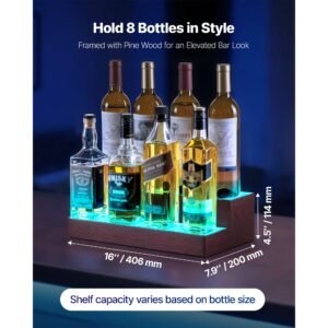 led lighted liquor bottle display, 2 tier 16 inch whiskey rack, supports usb, illuminated home bar shelf with rf remote & app control, 7 static colors, acrylic+ wood lighted shelf for 8 bottles