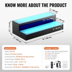 led lighted liquor bottle display, 2 tiers 16 inch commercial illuminated home bar shelf, 2 steps whiskey rack stand, acrylic drink shelves with rf remote & app control, and multicolor lighting