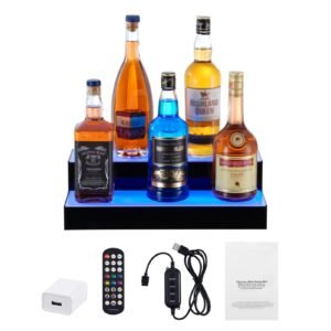 led lighted liquor bottle display, 2 tiers 16 inch commercial illuminated home bar shelf, 2 steps whiskey rack stand, acrylic drink shelves with rf remote & app control, and multicolor lighting
