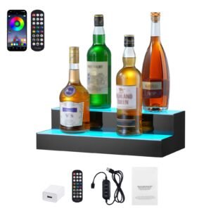 led lighted liquor bottle display, 2 tiers 16 inch commercial illuminated home bar shelf, 2 steps whiskey rack stand, acrylic drink shelves with rf remote & app control, and multicolor lighting