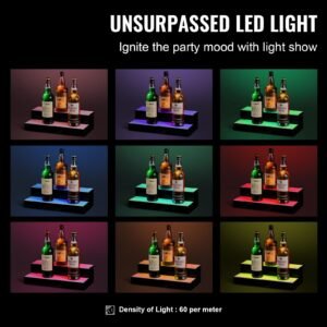 LED Lighted Liquor Bottle Display, 2 Tiers 16 Inch Commercial Illuminated Home Bar Shelf, 2 Steps Whiskey Rack Stand, Acrylic Drink Shelves with RF Remote & App Control, and Multicolor lighting