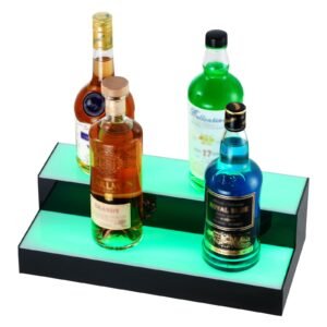 led lighted liquor bottle display, 2 tiers 16 inch commercial illuminated home bar shelf, 2 steps whiskey rack stand, acrylic drink shelves with rf remote & app control, and multicolor lighting
