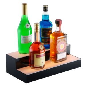 led lighted liquor bottle display, 2 tiers 16 inch commercial illuminated home bar shelf, 2 steps whiskey rack stand, acrylic drink shelves with rf remote & app control, and multicolor lighting