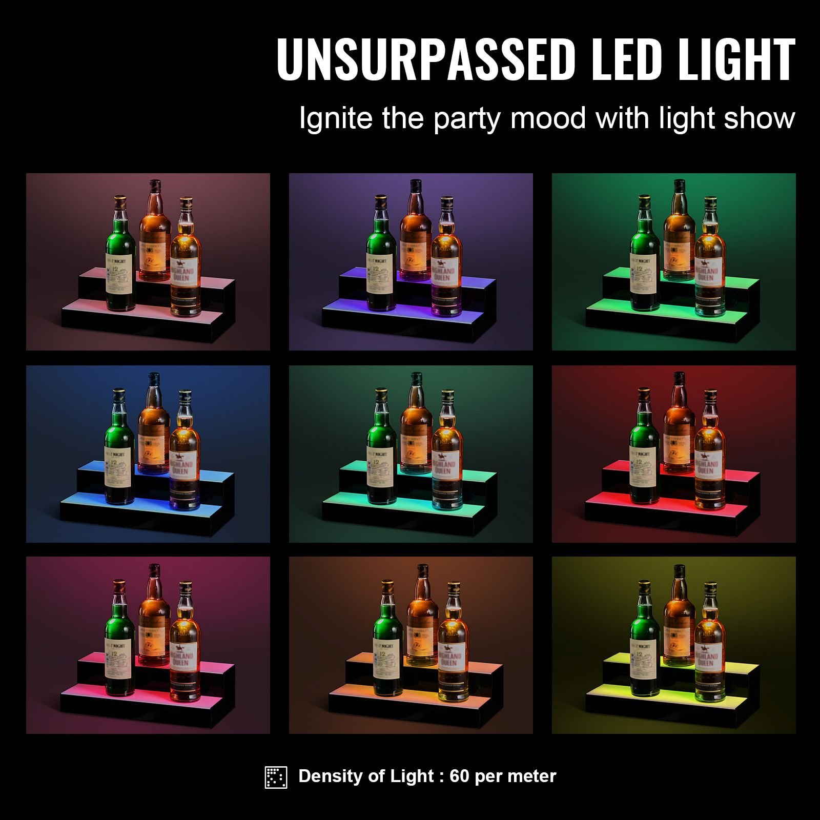 led lighted liquor bottle display, 2 tiers 16 inch commercial illuminated home bar shelf, 2 steps whiskey rack stand, acrylic drink shelves with rf remote & app control, and multicolor lighting