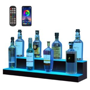 led lighted liquor bottle display, 2 tiers 30 inches, illuminated home bar shelf with rf remote & app control 7 static colors 1 4 h timing, acrylic drinks lighting shelf for holding 16 bottles