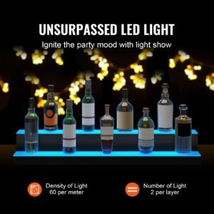 led lighted liquor bottle display, 2 tiers 40 inch commercial illuminated home bar shelf, 2 steps whiskey rack stand, acrylic drink shelves with rf remote & app control, and multicolor lighting