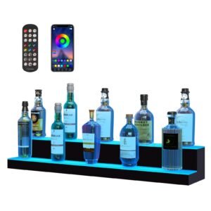 led lighted liquor bottle display, 2 tiers 40 inch commercial illuminated home bar shelf, 2 steps whiskey rack stand, acrylic drink shelves with rf remote & app control, and multicolor lighting