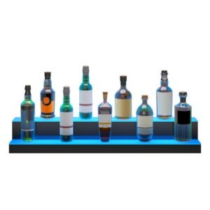 led lighted liquor bottle display, 2 tiers 40 inch commercial illuminated home bar shelf, 2 steps whiskey rack stand, acrylic drink shelves with rf remote & app control, and multicolor lighting