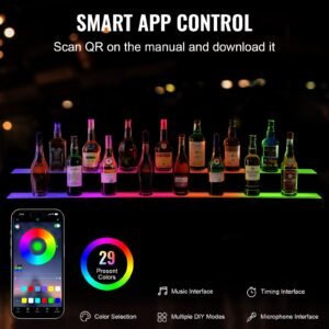 led lighted liquor bottle display, 2 tiers 60 inch commercial illuminated home bar shelf, 2 steps whiskey rack stand, acrylic drink shelves with rf remote & app control, and multicolor lighting
