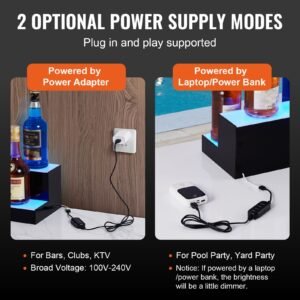led lighted liquor bottle display, 2 tiers 60 inch commercial illuminated home bar shelf, 2 steps whiskey rack stand, acrylic drink shelves with rf remote & app control, and multicolor lighting