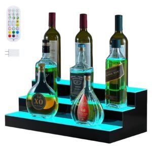 LED Lighted Liquor Bottle Display, 3 Tiers 20 Inches Whiskey Rack, Supports USB, Illuminated Home Bar Shelf with RF Remote & App Control, 9 Static Colors, Acrylic Lighted Shelf for 15 Bottles