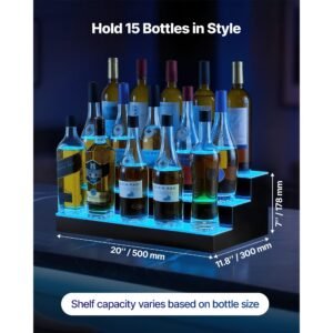 led lighted liquor bottle display, 3 tiers 20 inches whiskey rack, supports usb, illuminated home bar shelf with rf remote & app control, 9 static colors, acrylic lighted shelf for 15 bottles
