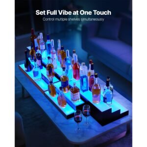 led lighted liquor bottle display, 3 tiers 20 inches whiskey rack, supports usb, illuminated home bar shelf with rf remote & app control, 9 static colors, acrylic lighted shelf for 15 bottles