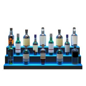 led lighted liquor bottle display, 3 tiers 40 inch commercial illuminated home bar shelf, 3 steps whiskey rack stand, acrylic drink shelves with rf remote & app control, and multicolor lighting