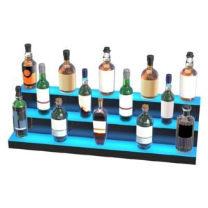 led lighted liquor bottle display, 3 tiers 40 inch commercial illuminated home bar shelf, 3 steps whiskey rack stand, acrylic drink shelves with rf remote & app control, and multicolor lighting