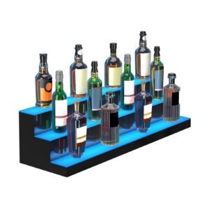 led lighted liquor bottle display, 3 tiers 40 inch commercial illuminated home bar shelf, 3 steps whiskey rack stand, acrylic drink shelves with rf remote & app control, and multicolor lighting