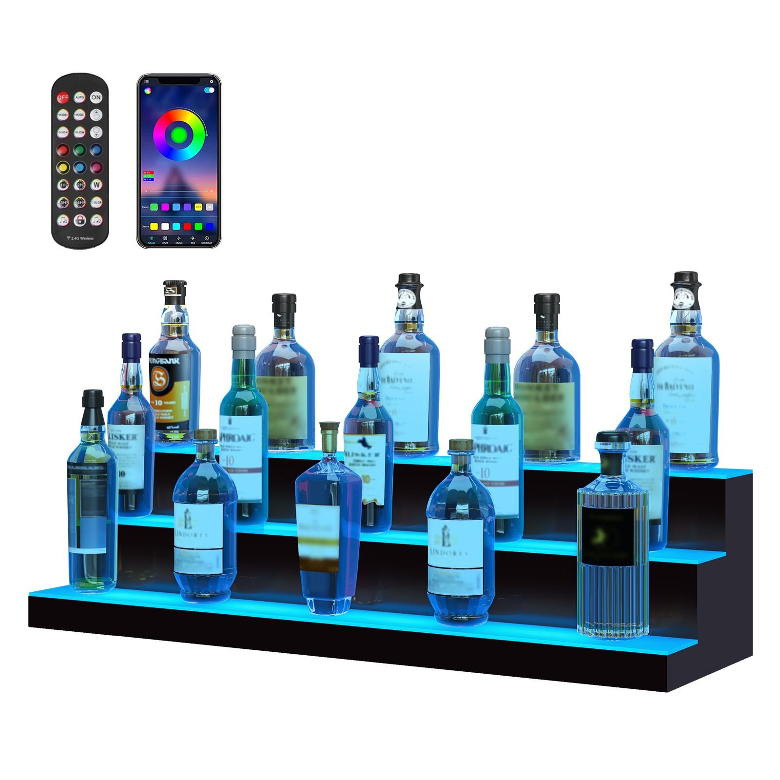 led lighted liquor bottle display, 3 tiers 40 inch commercial illuminated home bar shelf, 3 steps whiskey rack stand, acrylic drink shelves with rf remote & app control, and multicolor lighting