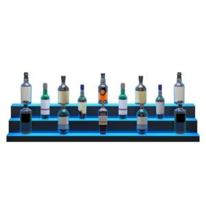 led lighted liquor bottle display, 3 tiers 60 inch commercial illuminated home bar shelf, 3 steps whiskey rack stand, acrylic drink shelves with rf remote & app control, and multicolor lighting