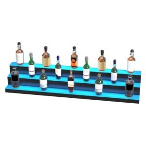 led lighted liquor bottle display, 3 tiers 60 inch commercial illuminated home bar shelf, 3 steps whiskey rack stand, acrylic drink shelves with rf remote & app control, and multicolor lighting