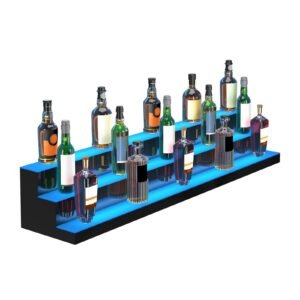 led lighted liquor bottle display, 3 tiers 60 inch commercial illuminated home bar shelf, 3 steps whiskey rack stand, acrylic drink shelves with rf remote & app control, and multicolor lighting