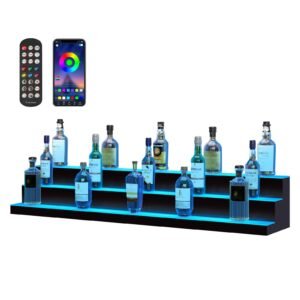 LED Lighted Liquor Bottle Display, 3 Tiers 60 Inch Commercial Illuminated Home Bar Shelf, 3 Steps Whiskey Rack Stand, Acrylic Drink Shelves with RF Remote & App Control, and Multicolor lighting