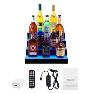 LED Lighted Liquor Bottle Display, 4 Tiers 16 Inch Commercial Illuminated Home Bar Shelf, 4 Steps Whiskey Rack Stand, Acrylic Drink Shelves with RF Remote & App Control, and Multicolor lighting