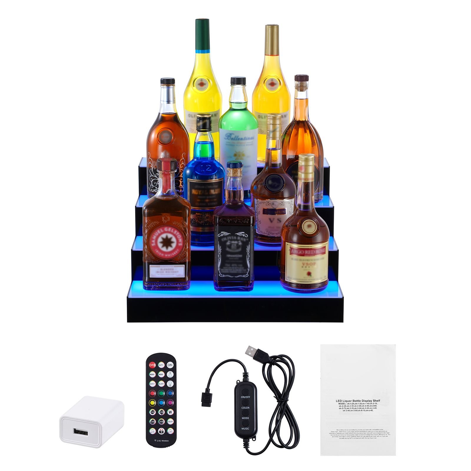 led lighted liquor bottle display, 4 tiers 16 inch commercial illuminated home bar shelf, 4 steps whiskey rack stand, acrylic drink shelves with rf remote & app control, and multicolor lighting