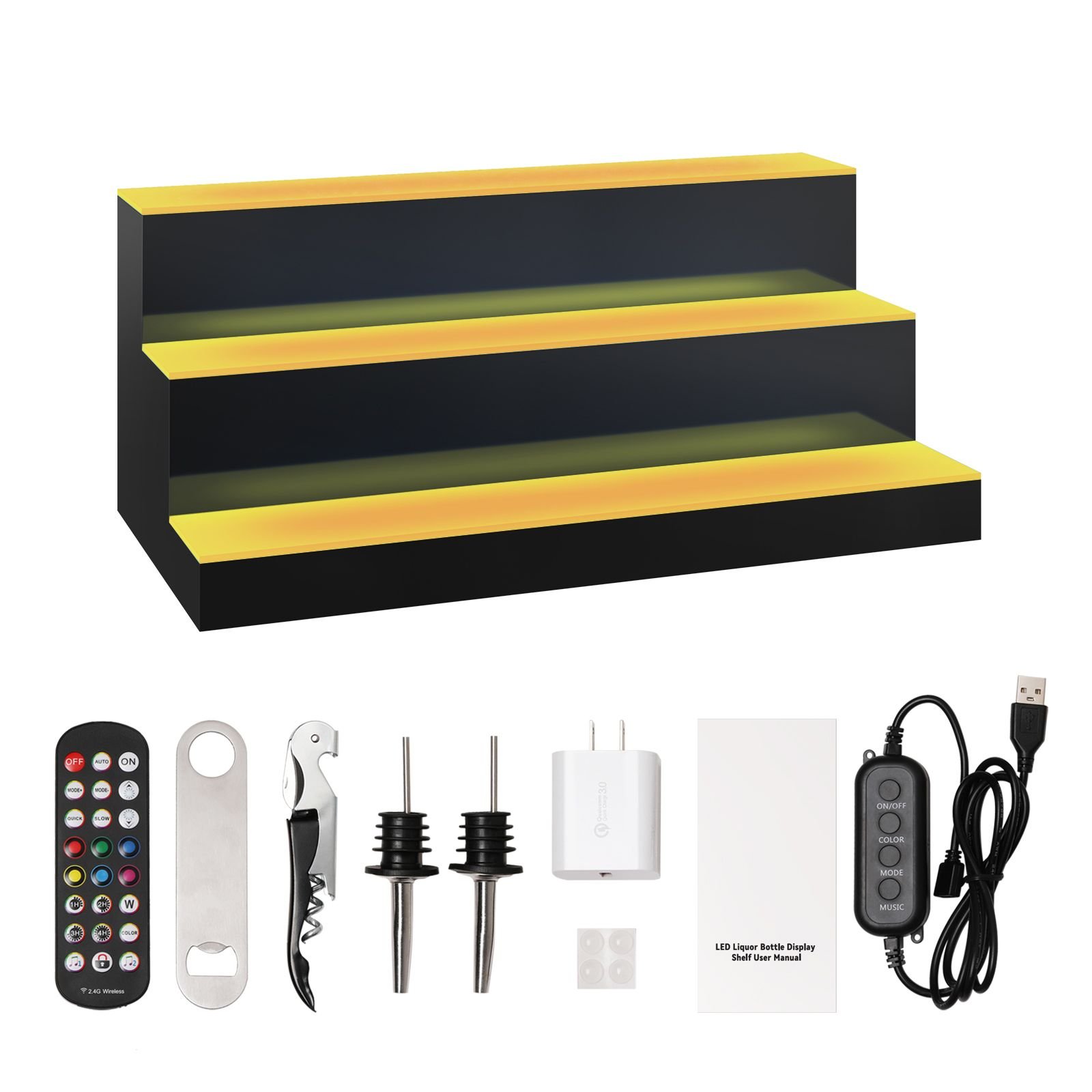 led lighted liquor bottle display bar shelf rf & app control 24" 3 step