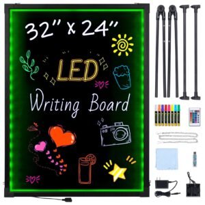 led message writing board, 32"x24" illuminated erasable lighted chalkboard, neon effect menu sign board, drawing board with 8 fluorescent chalk markers and remote contro tested tostandards