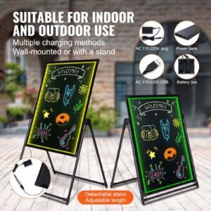 led message writing board, 32"x24" illuminated erasable lighted chalkboard, neon effect menu sign board, drawing board with 8 fluorescent chalk markers and remote contro tested tostandards