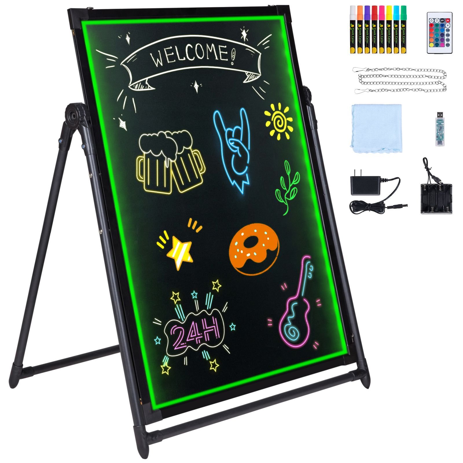 led message writing board, 32"x24" illuminated erasable lighted chalkboard, neon effect menu sign board, drawing board with 8 fluorescent chalk markers and remote contro tested tostandards