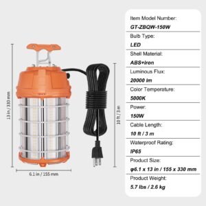 led portable work lamp, 150w, 20000lm, 5000k durable & water resistant, linkable up to 6 units, ceiling or stand job site illumination for both indoor & outdoor use