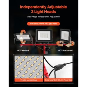 led work light with stand, 15000 lumens, three head portable camping light with individual switch, tripod stand, 10.83 ft power cord, for indoor outdoor job site construction, ip65 waterproof