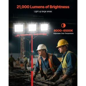 led work light with stand, 21000 lumens, three head portable camping light with individual switch, tripod stand, 10.83 ft power cord, for indoor outdoor job site construction, ip65 waterproof
