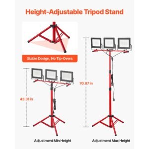 led work light with stand, 21000 lumens, three head portable camping light with individual switch, tripod stand, 10.83 ft power cord, for indoor outdoor job site construction, ip65 waterproof