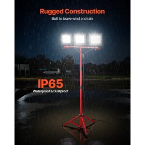 led work light with stand, 21000 lumens, three head portable camping light with individual switch, tripod stand, 10.83 ft power cord, for indoor outdoor job site construction, ip65 waterproof