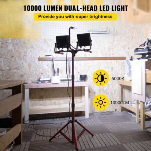 led work light with stand, 2pcs 10000 lumen dual head led work light with 27.6" 68.1" adjustable and foldable tripod stand, ip65 waterproofed led tripod work light, with 5000 k color temperatu