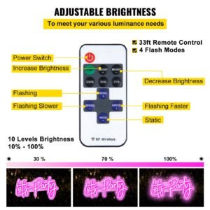 let's party neon sign, 23"x10" neon sign for wall decor, adjustable brightness pink neon light sign with remote control and power adapter, for party/wedding celebration/home decoration