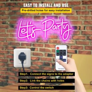 let's party neon sign, 23"x10" neon sign for wall decor, adjustable brightness pink neon light sign with remote control and power adapter, for party/wedding celebration/home decoration