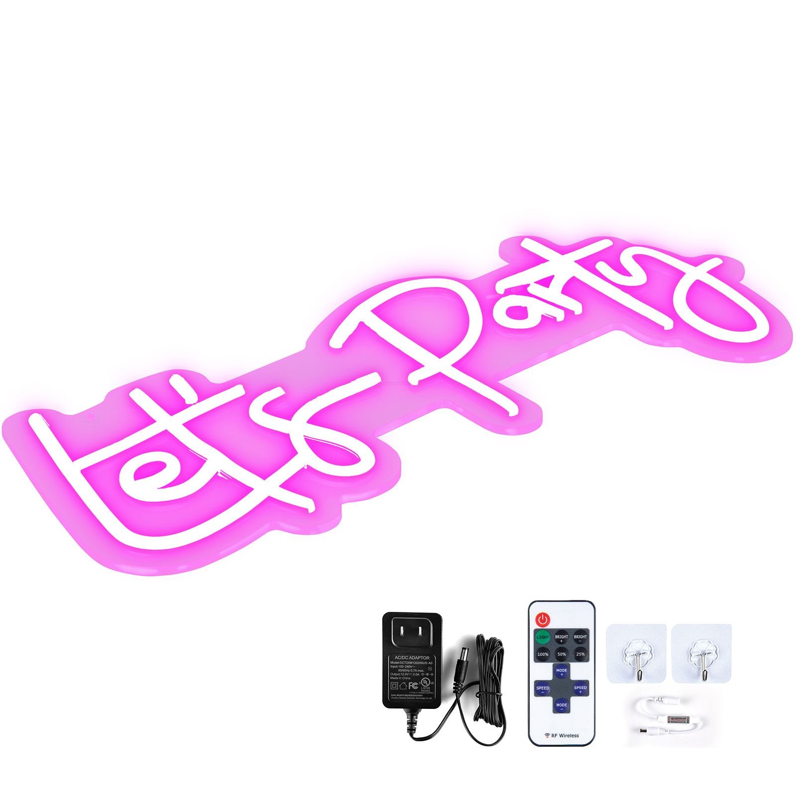 let's party neon sign, 23"x10" neon sign for wall decor, adjustable brightness pink neon light sign with remote control and power adapter, for party/wedding celebration/home decoration