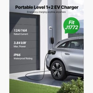 Level 1&2 EV Charger, 16 Amp Adjustable Current, Electric Vehicle Portable Charger with 25 ft Cable, 120V-240V, NEMA 6-20P Plug NEMA 5-15 Adapter, LCD, Home Car Charging Station for SAE J1772 EV