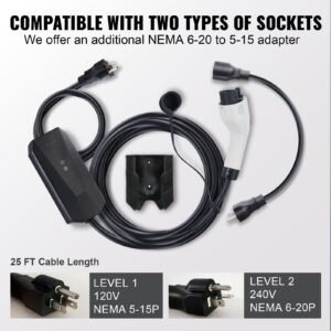 level 1+2 portable ev charger, 16 amp 120v or 240v, electric vehicle charger with 28 foot charging cable nema 6 20p plug nema 5 15 adapter, plug in home ev charging station for sae j1772 evs