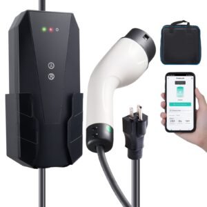 level 1+2 portable ev charger, 16 amp 120v or 240v, electric vehicle charger with 28 foot charging cable nema 6 20p plug nema 5 15 adapter, plug in home ev charging station for sae j1772 evs