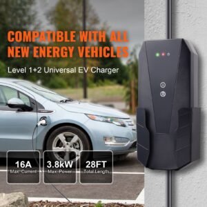 Level 1+2 Portable EV Charger, 16 Amp 120V or 240V, Electric Vehicle Charger with 28-Foot Charging Cable NEMA 6-20P Plug NEMA 5-15 Adapter, Plug-in Home EV Charging Station for SAE J1772 EVs