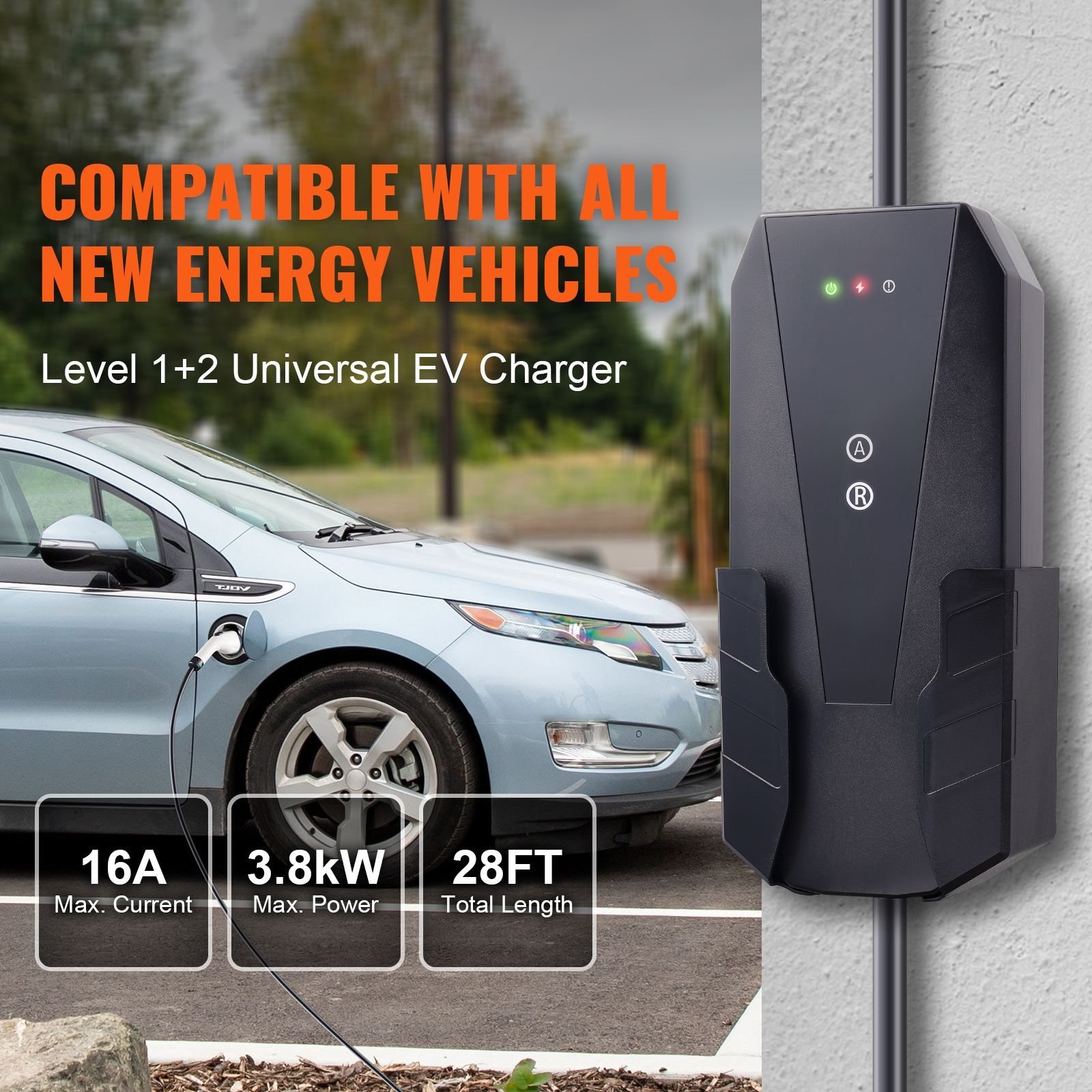 level 1+2 portable ev charger, 16 amp 120v or 240v, electric vehicle charger with 28 foot charging cable nema 6 20p plug nema 5 15 adapter, plug in home ev charging station for sae j1772 evs