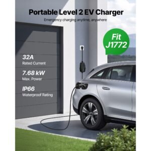 Level 2 EV Charger, 32 Amp Adjustable Current, 240V Electric Vehicle Portable Charger with 25 ft Charging Cable, NEMA 14-50P Plug, LCD Display, Plug-in Home Car Charging Station for SAE J1772 EV