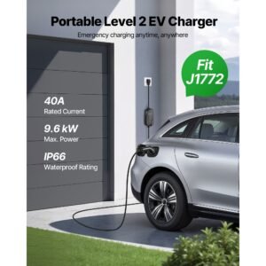 level 2 ev charger, 40 amp adjustable current, 240v electric vehicle portable charger with 25 ft charging cable, lcd display, nema 14 50p plug, plug in home car charging station for sae j1772 ev
