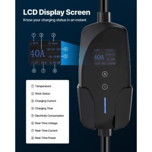 level 2 ev charger, 40 amp adjustable current, 240v electric vehicle portable charger with 25 ft charging cable, lcd display, nema 14 50p plug, plug in home car charging station for sae j1772 ev